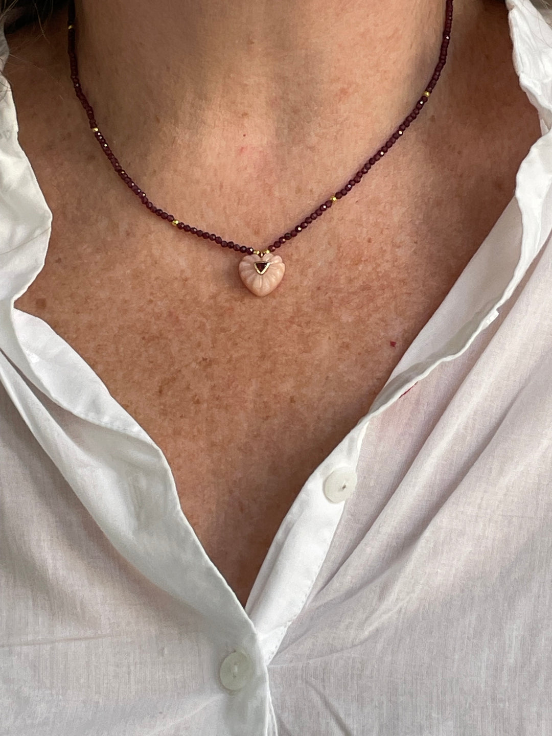Jaipur Carved Heart Necklace in Garnet & Pink Opal