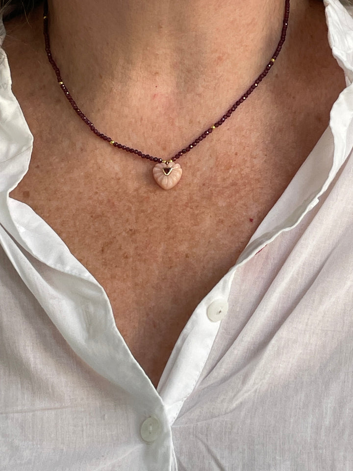 Jaipur Carved Heart Necklace in Garnet & Pink Opal