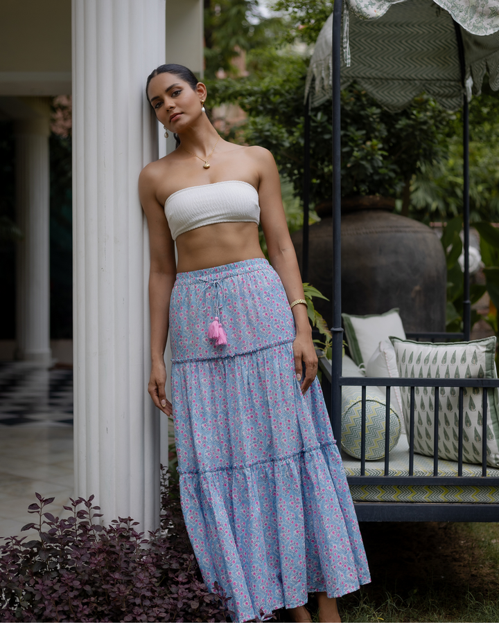 Maya maxi-tiered skirt in dusty blue