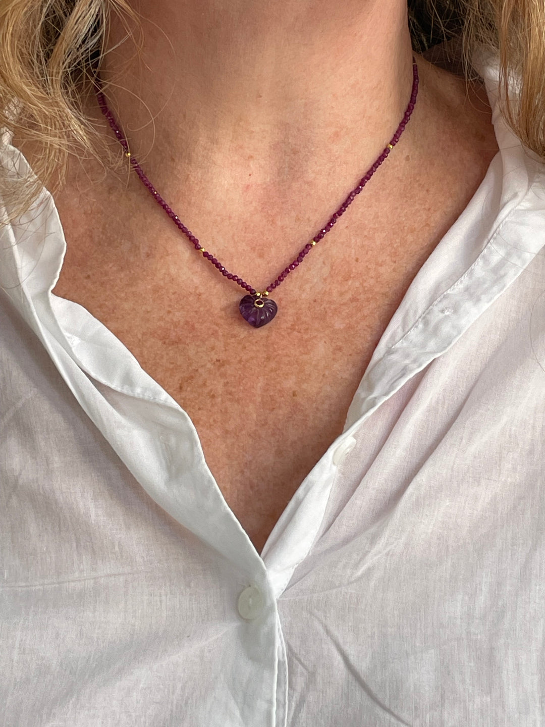 Jaipur Carved Heart Necklace in Ruby & Amethyst