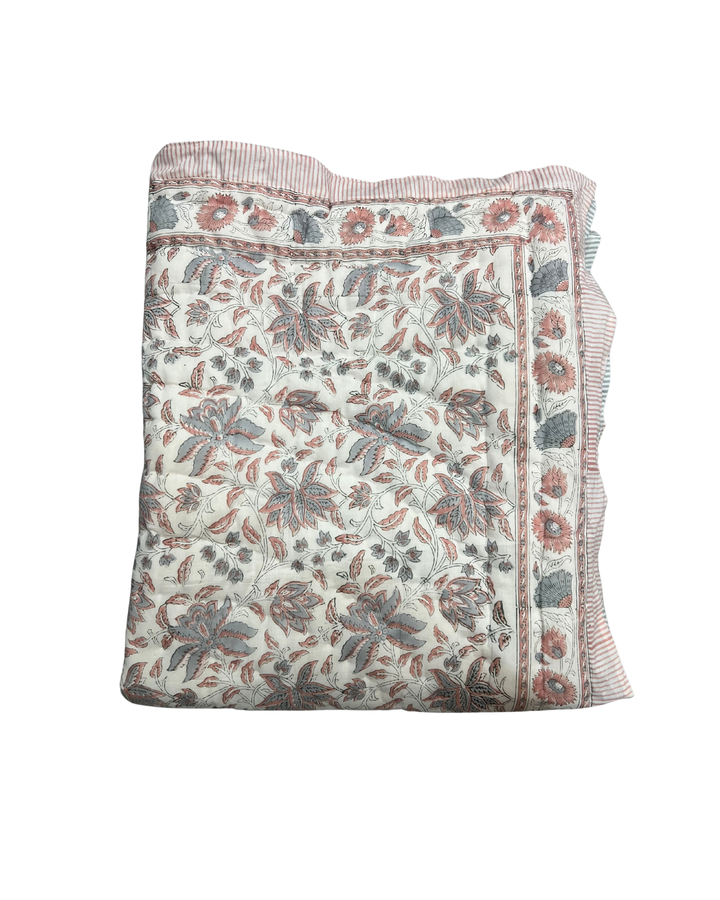 Jaipur Chintz reversible quilted Throw In vintage blue  & dusty pink - Dilli Grey