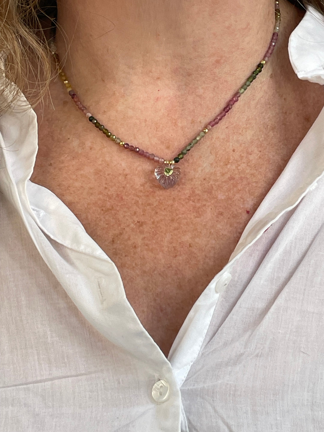 Jaipur Carved Heart Necklace in Tourmaline & Amethyst