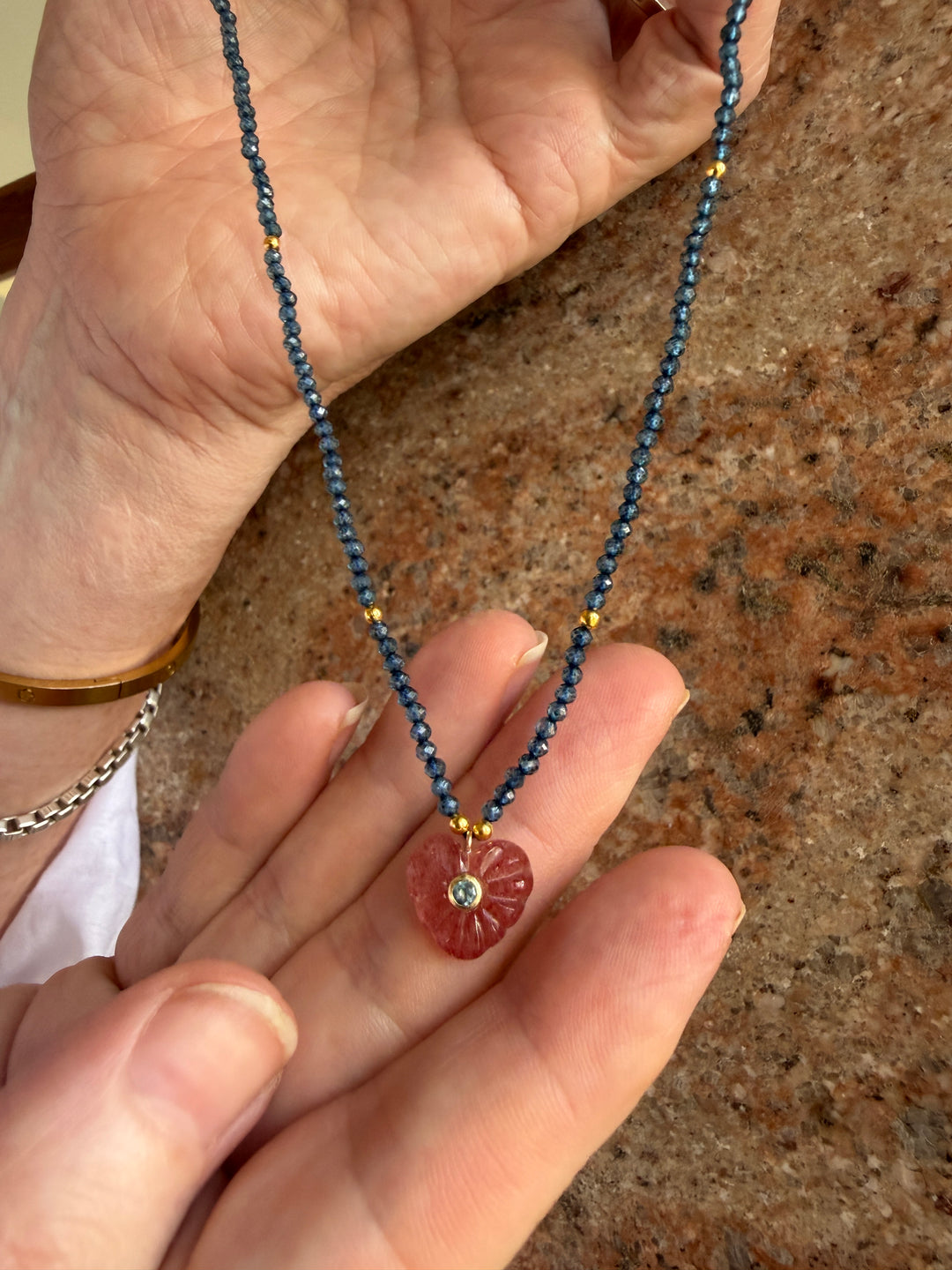 Jaipur Carved Heart Necklace in Strawberry Quartz & Blue Topaz - SHIPS 9TH SEPTEMBER