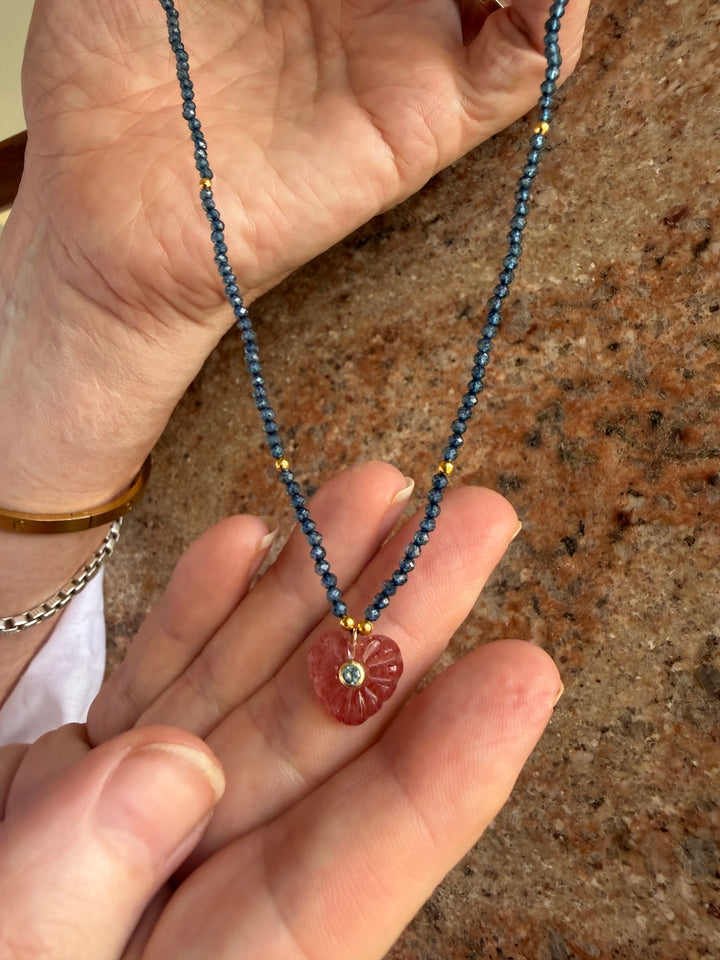 Jaipur Carved Heart Necklace in Strawberry Quartz & Blue Topaz - SHIPS 9TH SEPTEMBER
