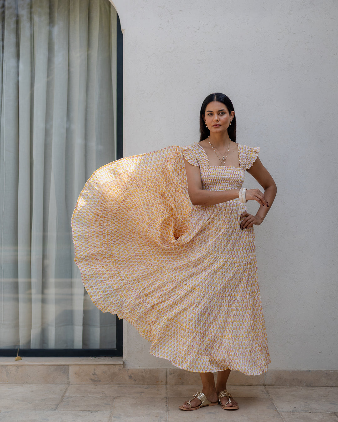 Tara Smocked Dress in sunshine yellow & pink - Dilli Grey