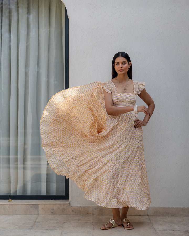 Tara Smocked Dress in sunshine yellow & pink - Dilli Grey