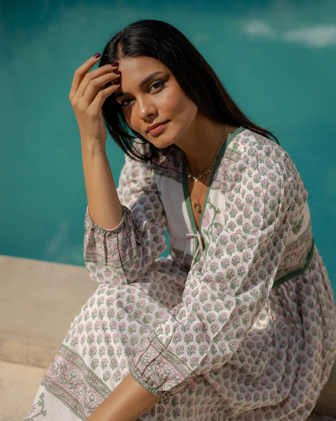 Jackie midi dress in white and sage - Dilli Grey