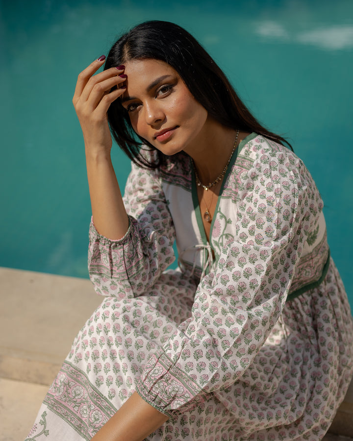 Jackie midi dress in white and sage - Dilli Grey