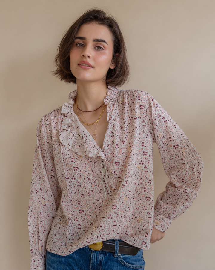 Hannah Ruffle Blouse in Off white & burgundy - delivery beg Nov
