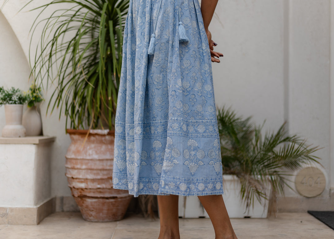 Fifi Flutter Sleeve Midi Dress in Dusty Blue - Dilli Grey
