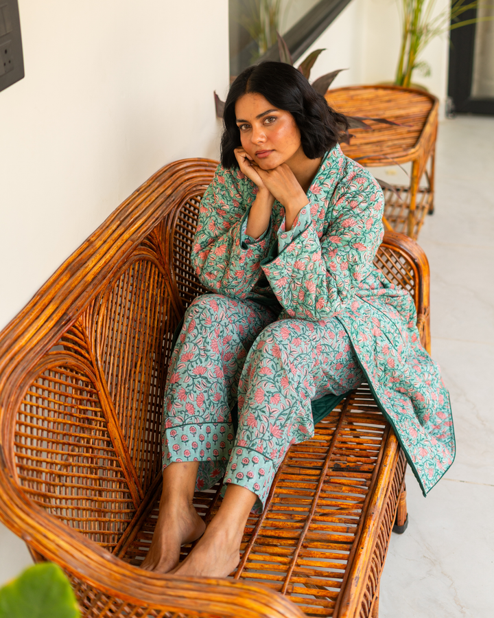 Indira Jaal Quilted Robe in Jade - Dilli Grey
