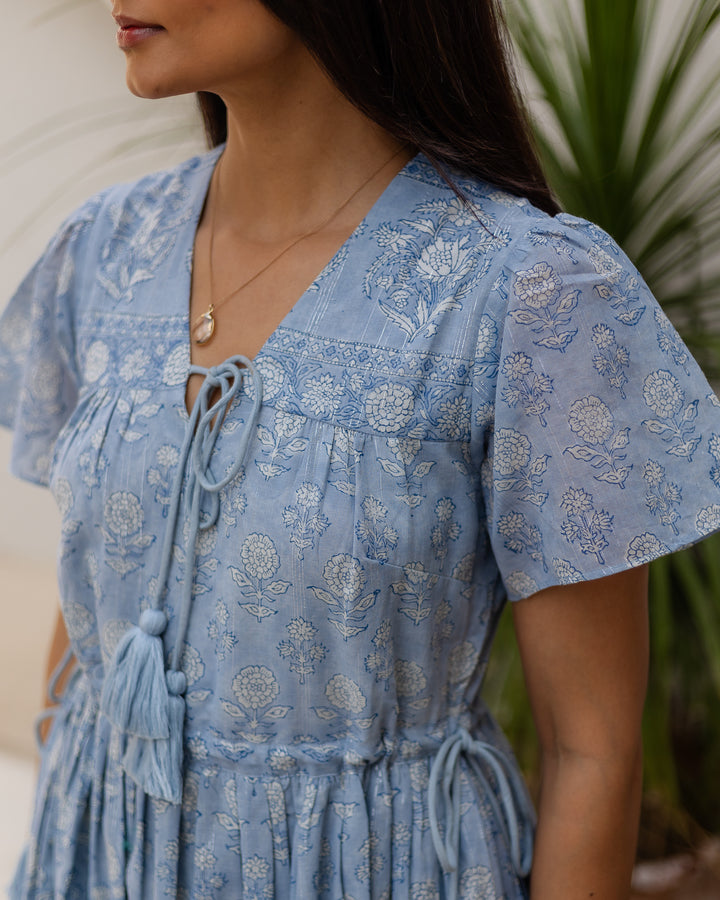 Fifi Flutter Sleeve Midi Dress in Dusty Blue - Dilli Grey