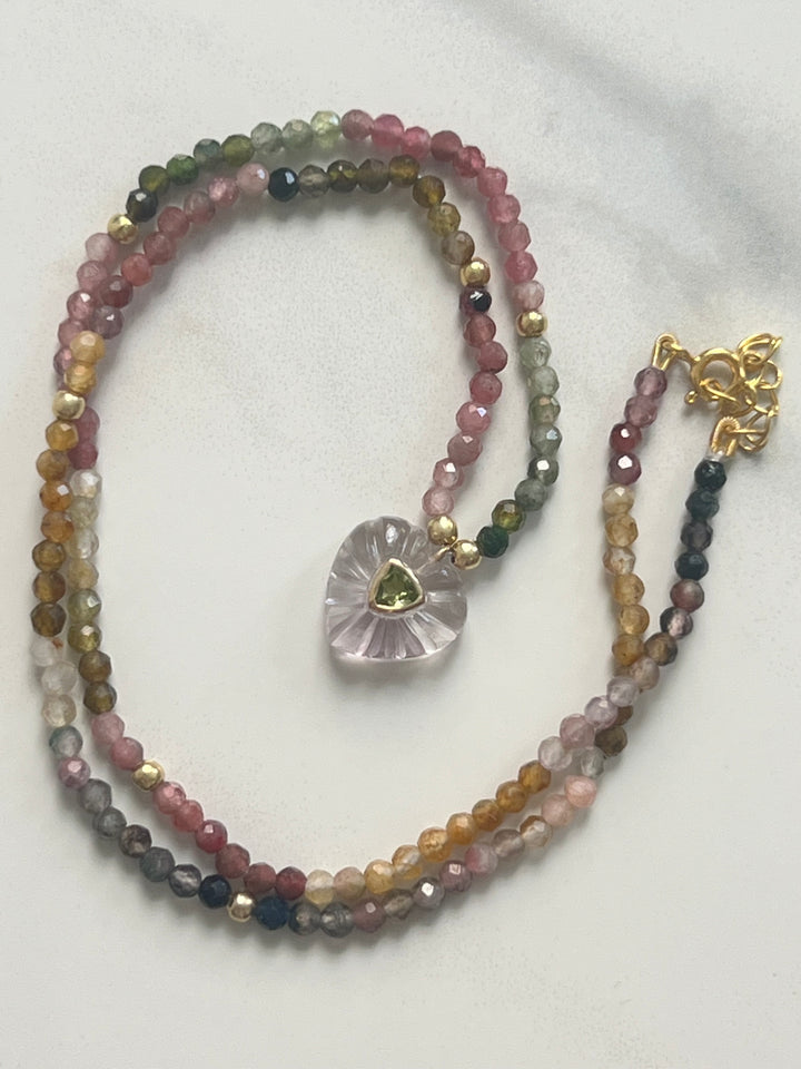 Jaipur Carved Heart Necklace in Tourmaline & Amethyst