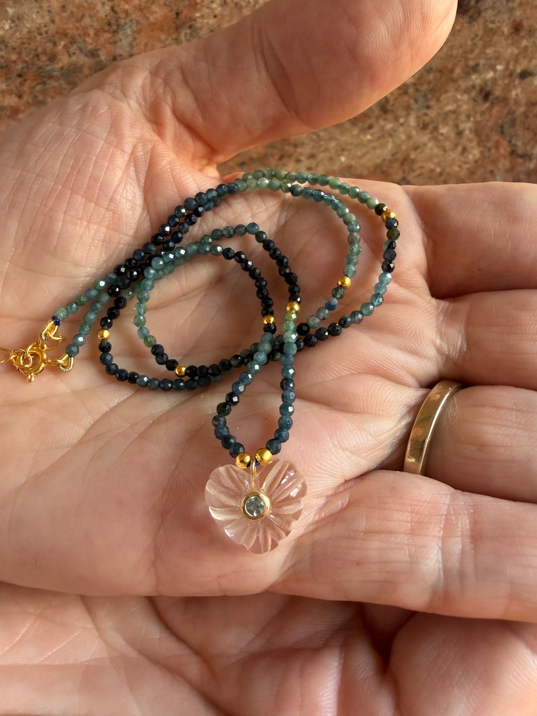 Jaipur Carved Heart Necklace in Crystal & Green Tourmaline  - SHIPS 9TH SEPTEMBER