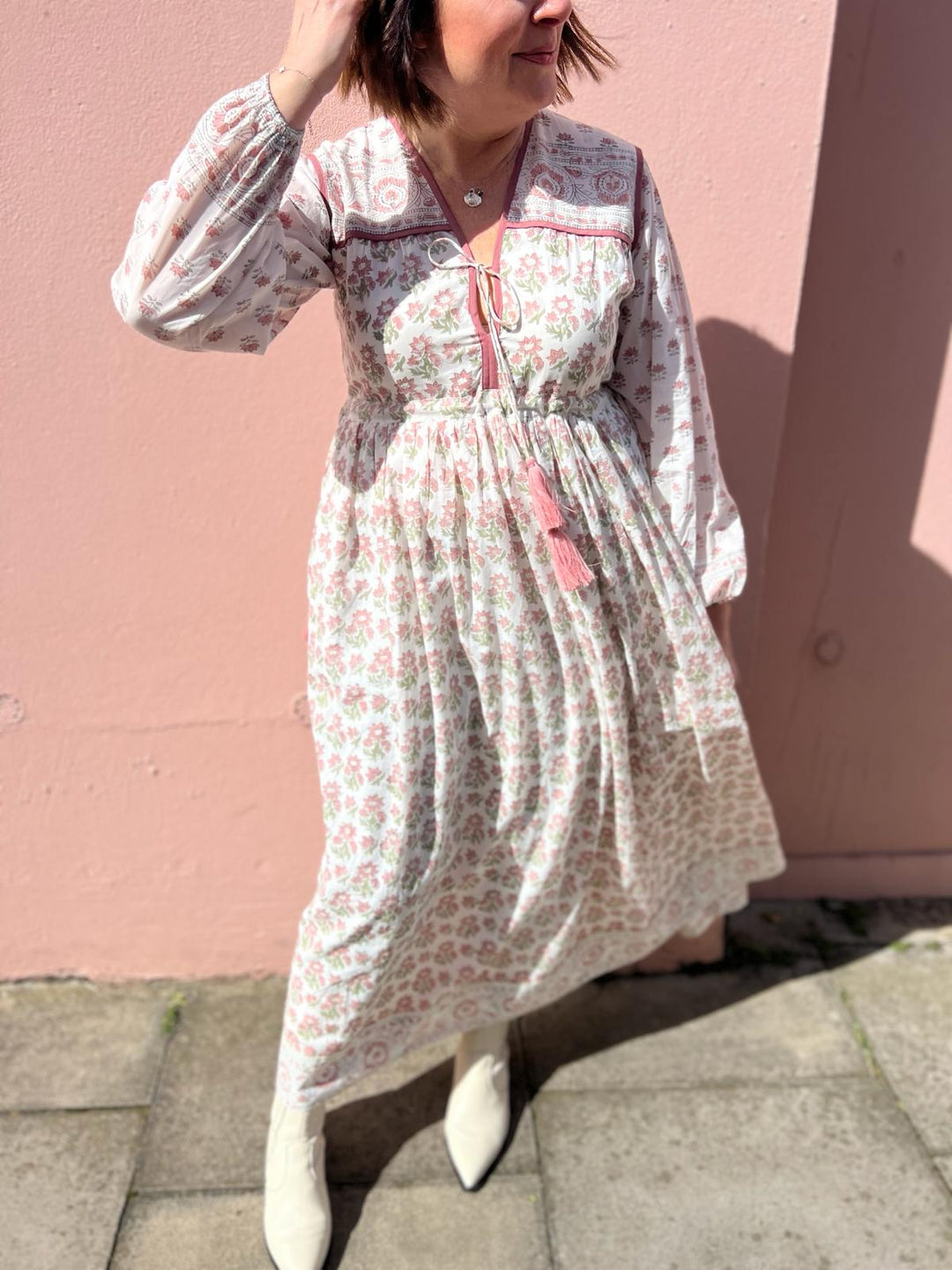 PRE-ORDER: Fifi Boho Midaxi Dress In White & Dusty Pink