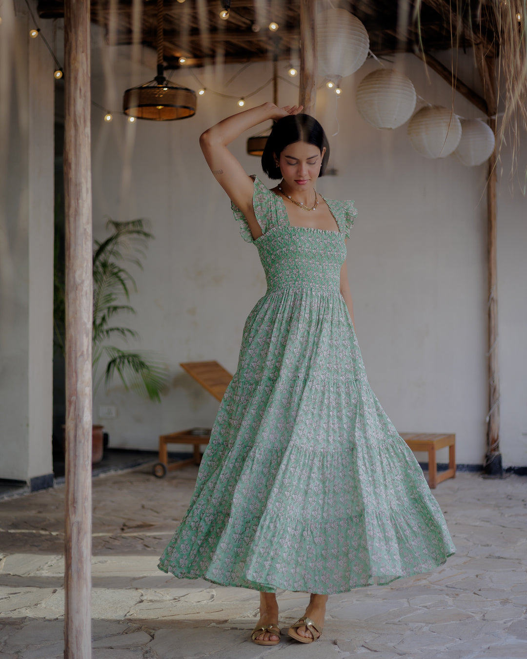 Tara Smocked Dress in sage green and pink - Dilli Grey