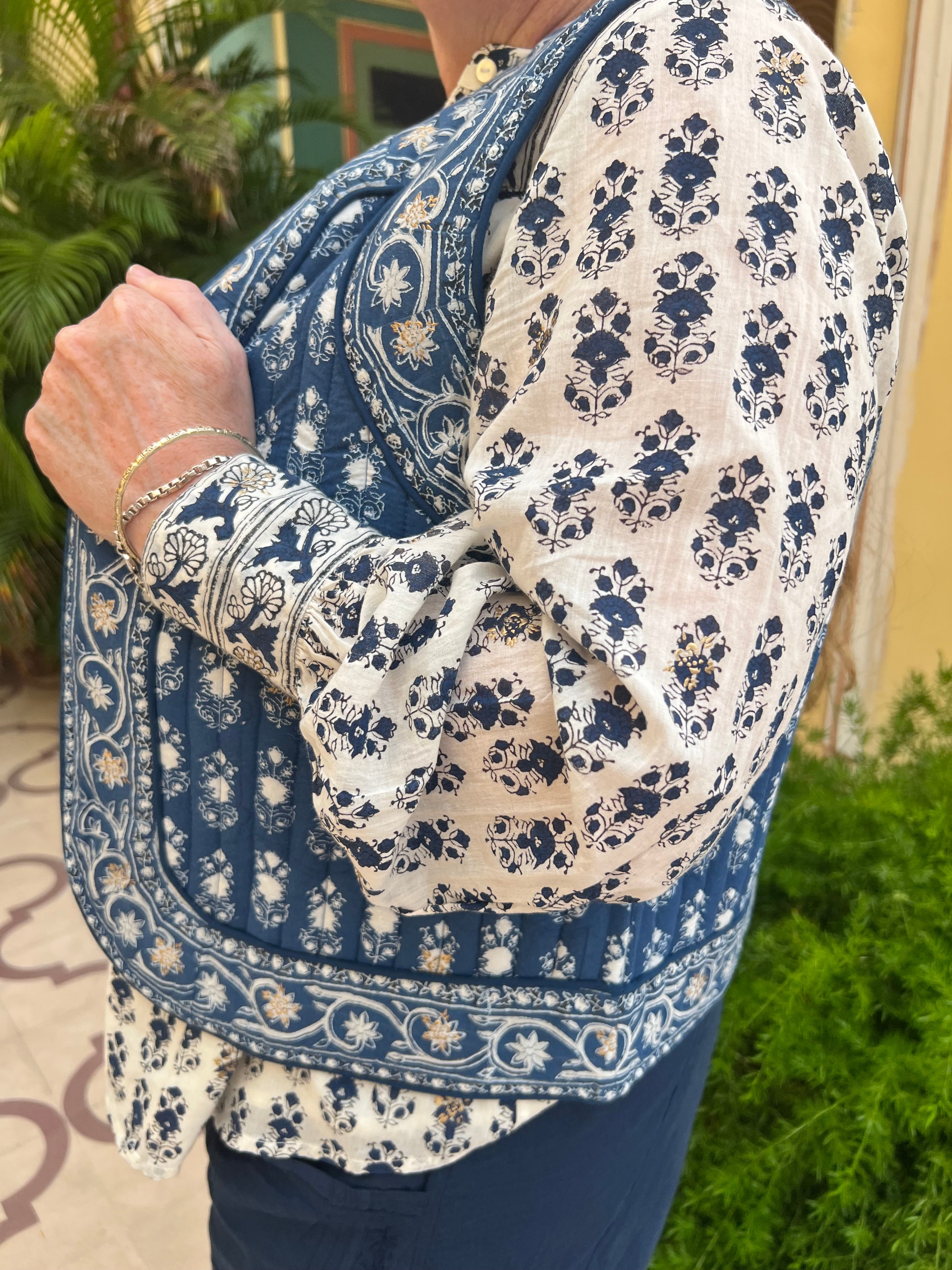 Saffron gilet in Tulsi Green | Block print womenswear | Dilli Grey