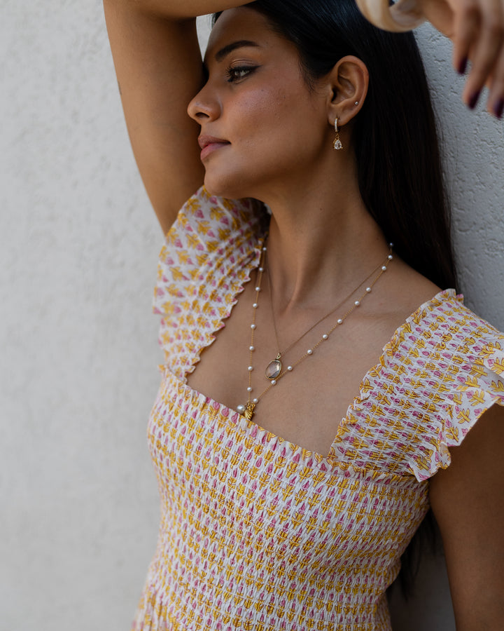 Tara Smocked Dress in sunshine yellow & pink - Dilli Grey