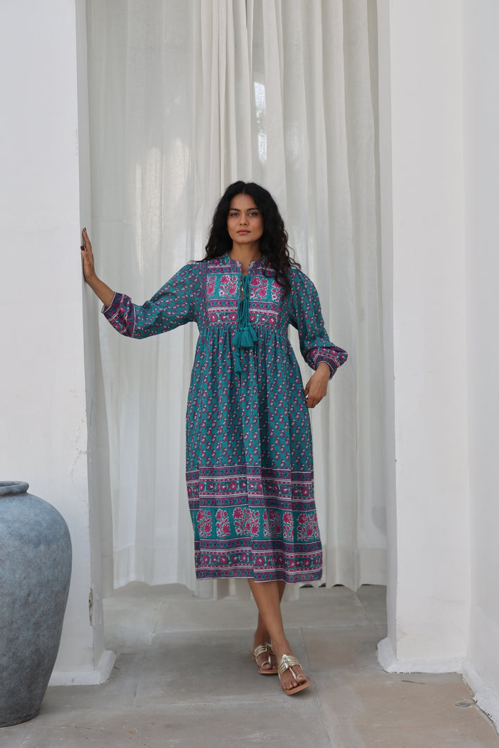 Priya Midi Dress In Teal and Magenta - Dilli Grey