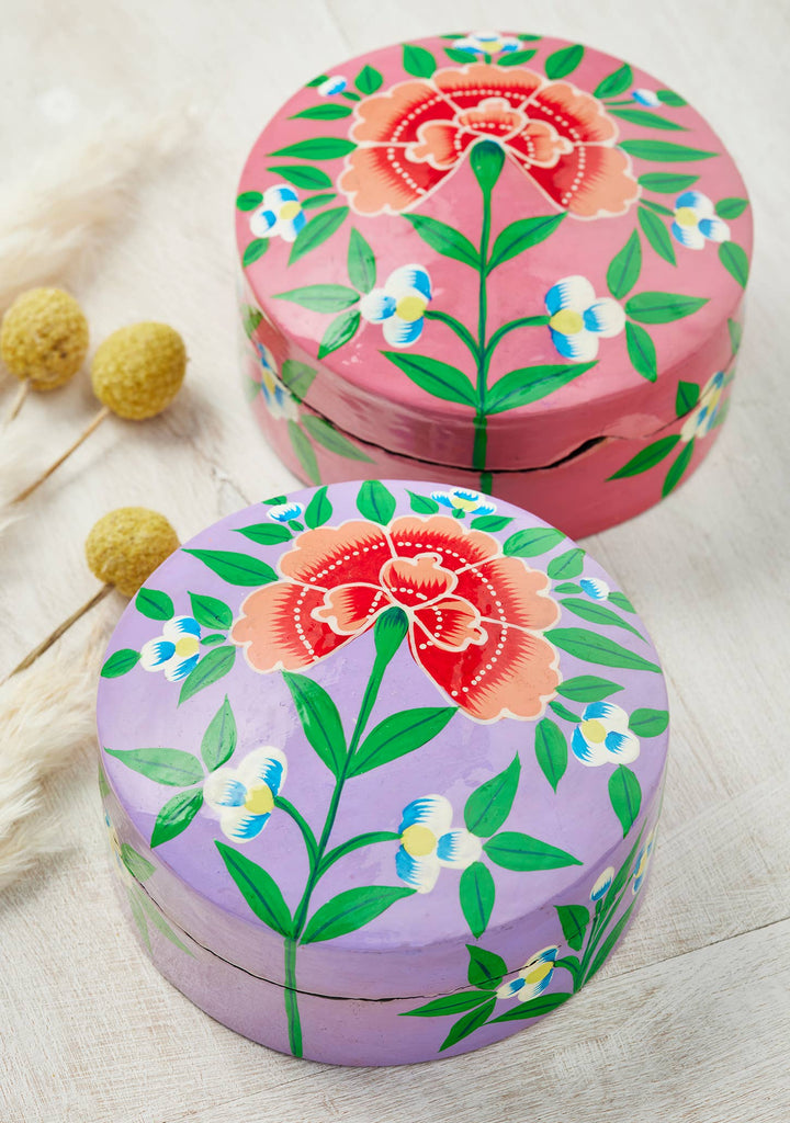 Kashmiri Chrysanthemum Handpainted Trinket Box Large - Dilli Grey