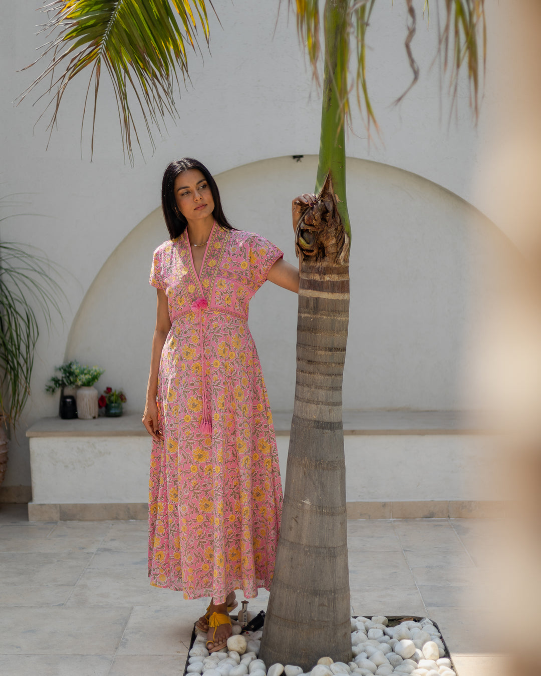 Riti Panelled Maxi Dress in Jaipur Pink and Yellow - Dilli Grey