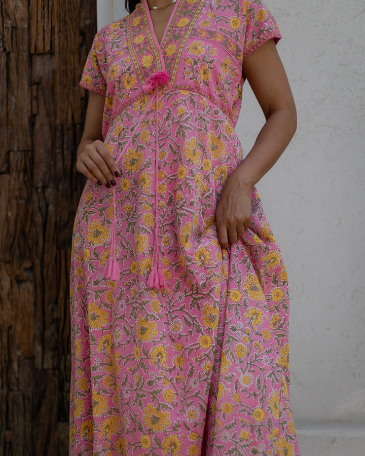 Riti Panelled Maxi Dress in Jaipur Pink and Yellow - Dilli Grey