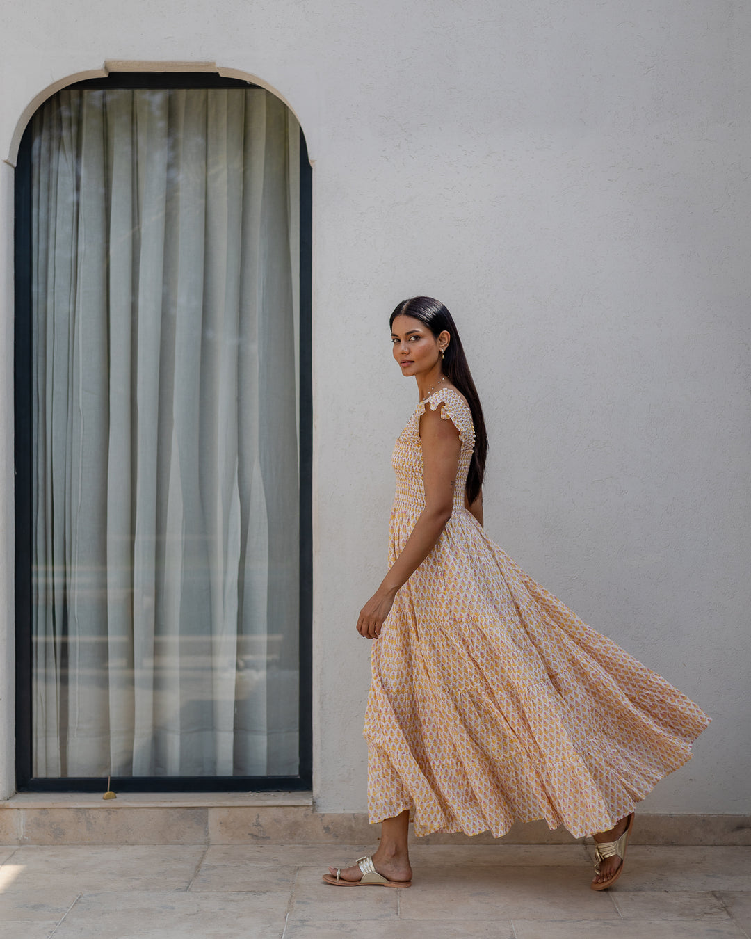 Tara Smocked Dress in sunshine yellow & pink - Dilli Grey