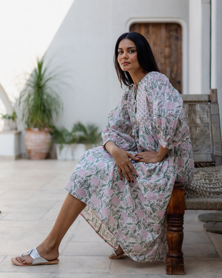 Farah Midi Dress in White & Sage - Dilli Grey
