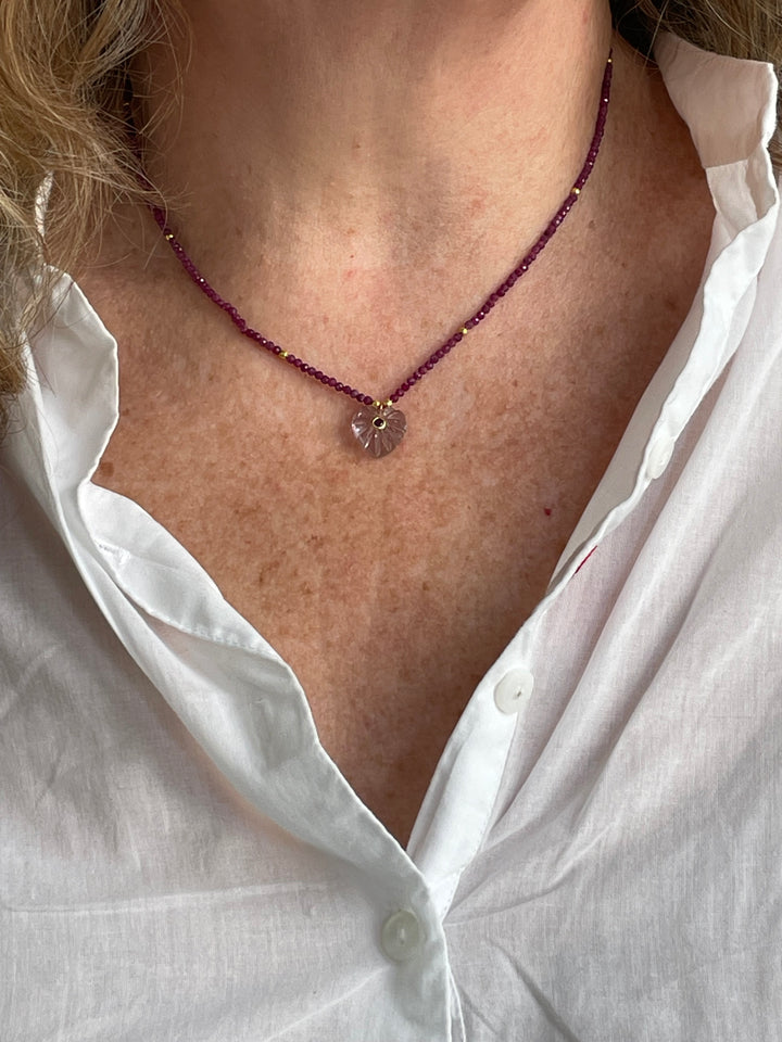 Jaipur Carved Heart Necklace in Ruby and pale amethyst