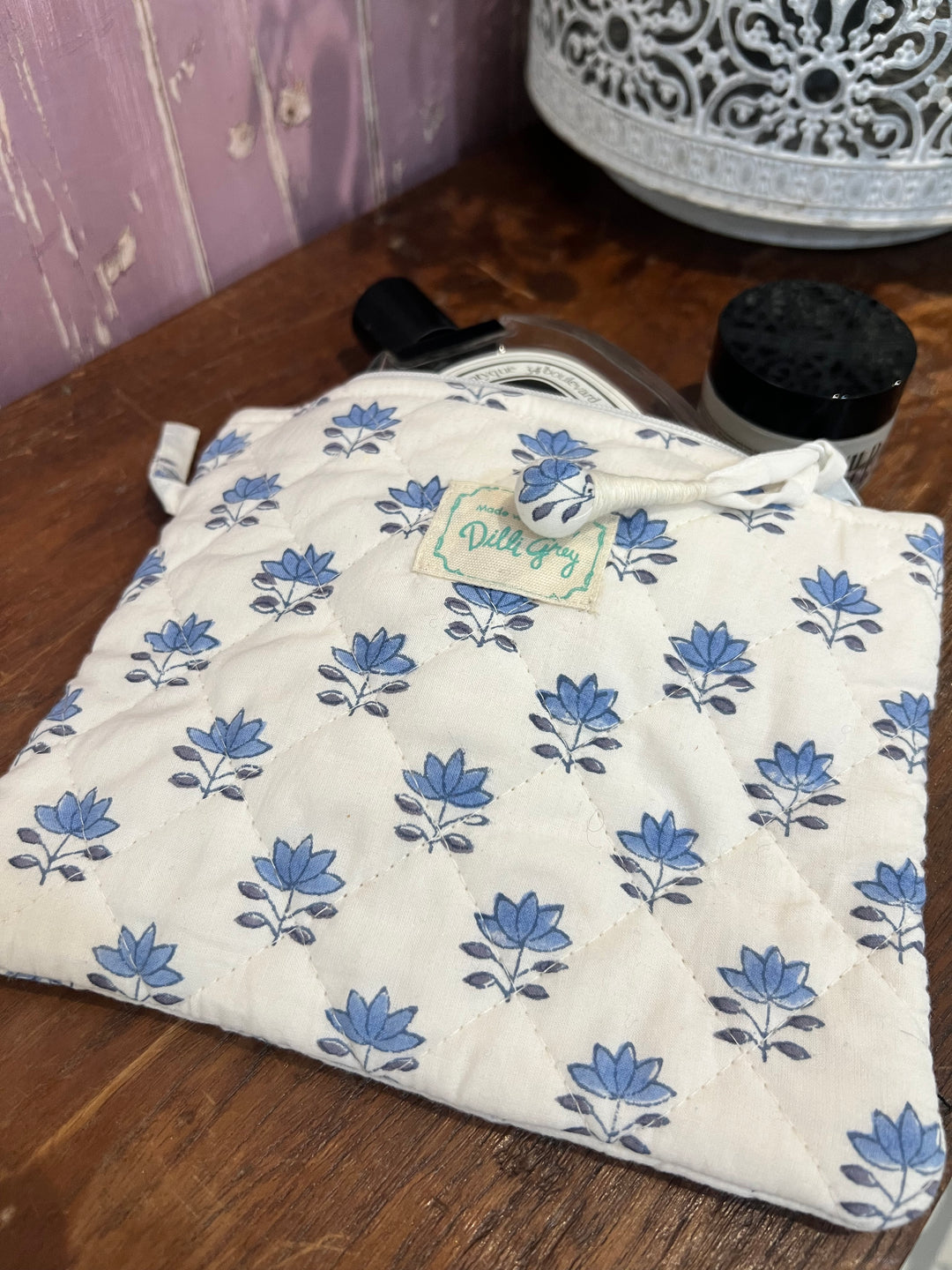 Sky blue lotus quilted pouch set