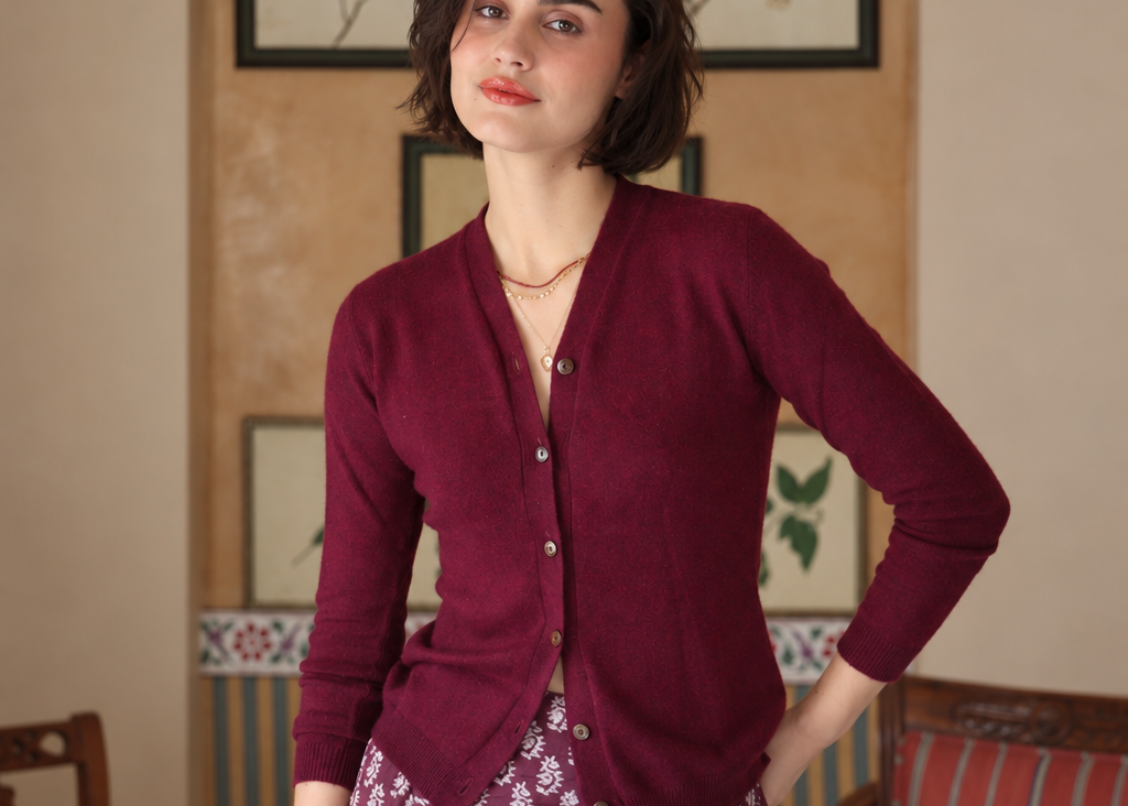 Wool Cashmere Skinny Knit Cardigan in Burgundy Marl - Dilli Grey