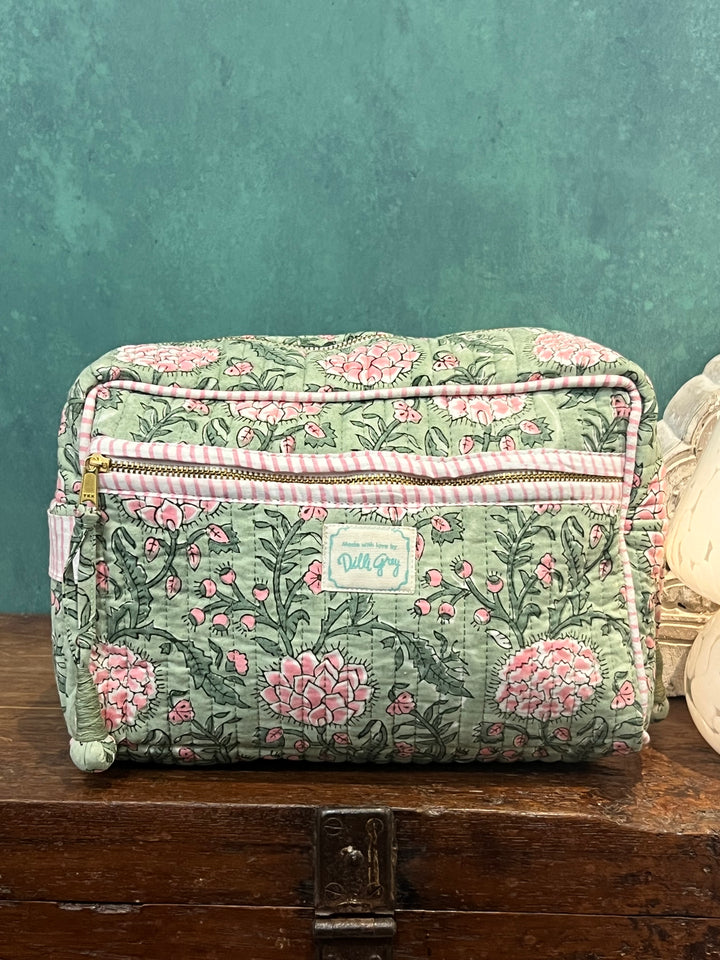 Johari Double Zip Wash Bag In Sage And Dusty Pink