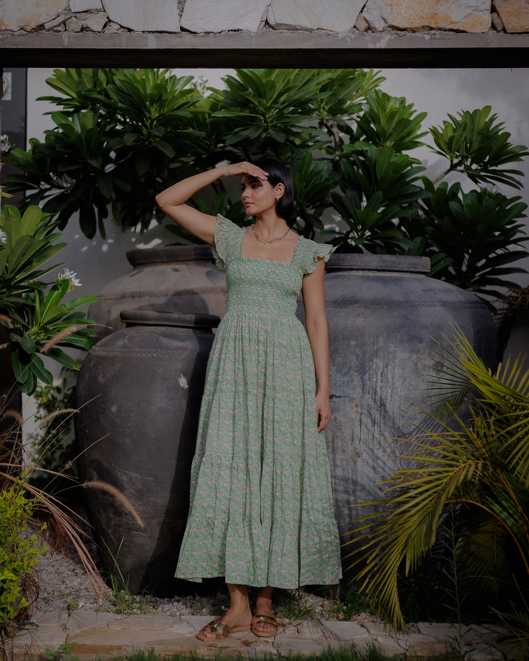 Tara Smocked Dress in sage green and pink - Dilli Grey
