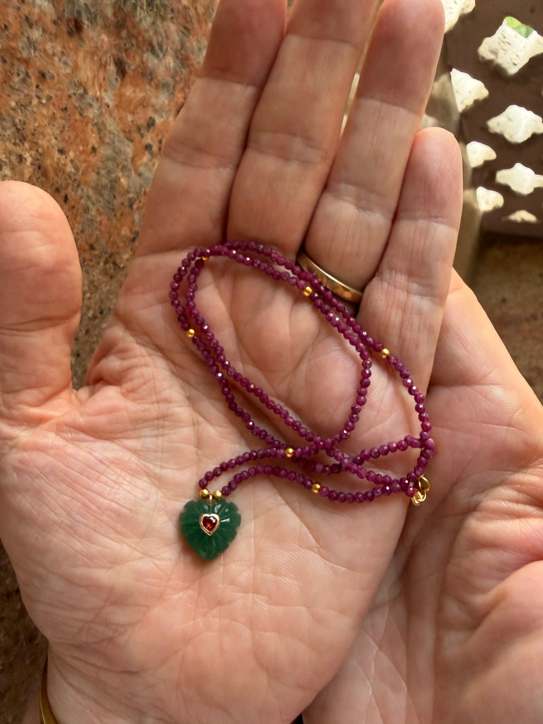 Jaipur Carved Heart Necklace in Aventurine & Ruby - SHIPS 9TH SEPTEMBER