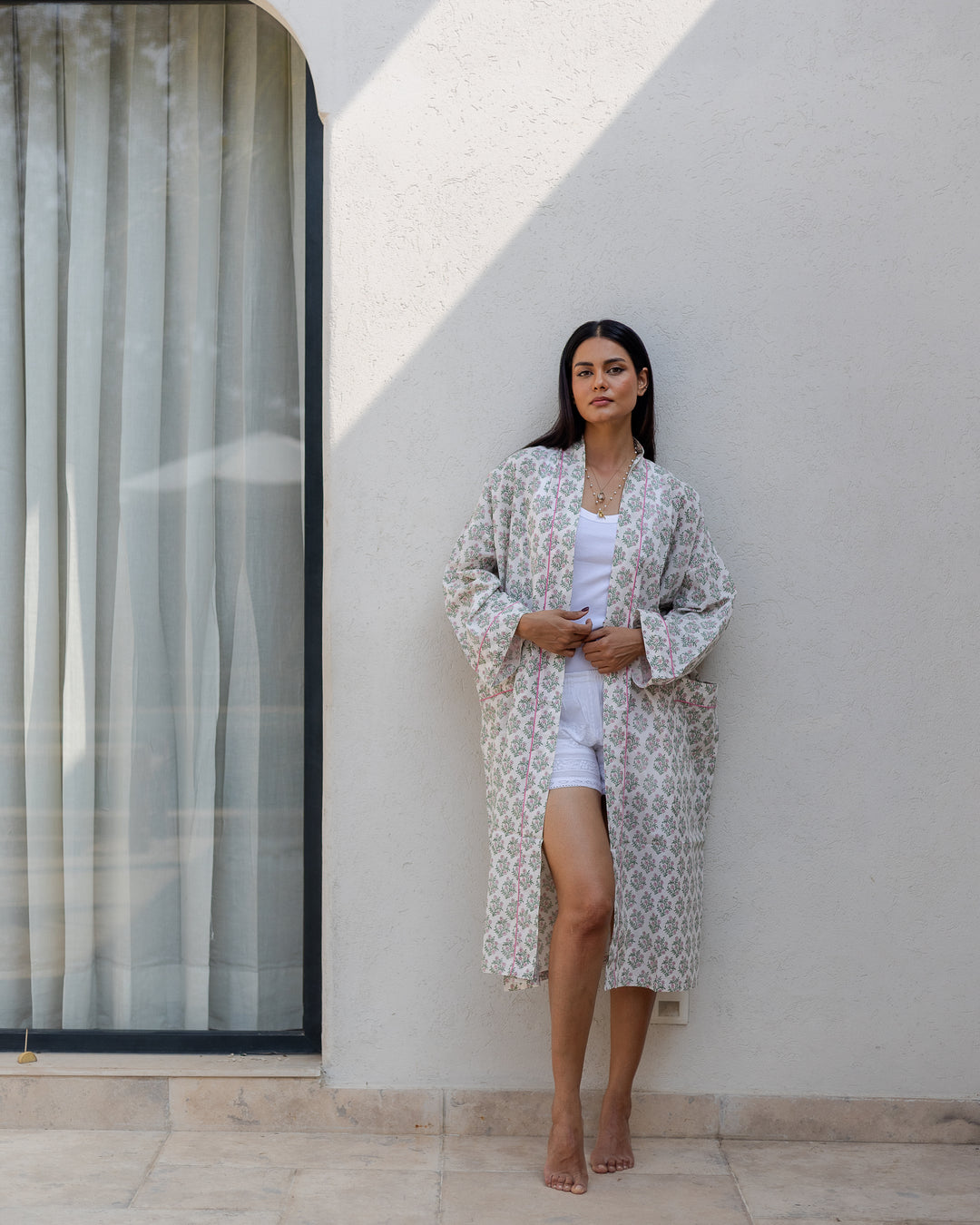 Mogra Robe in White and Sage - Dilli Grey