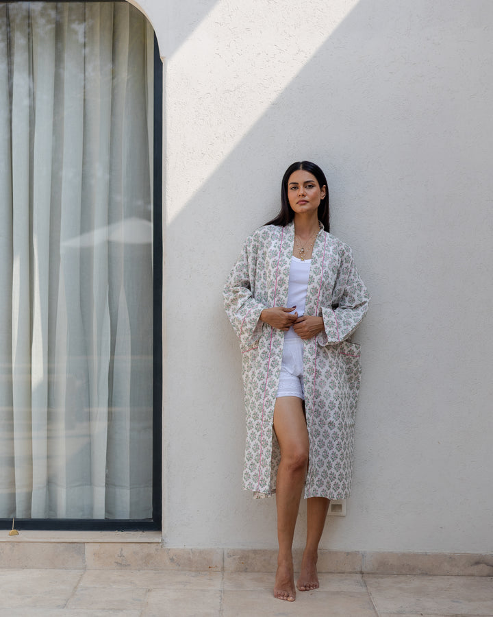 Mogra Robe in White and Sage - Dilli Grey
