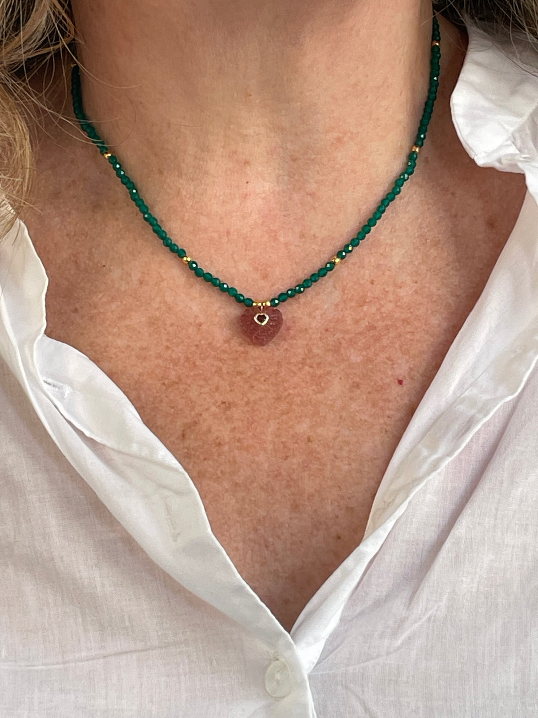 Jaipur Carved Heart Necklace in Green Onyx & Strawberry Quartz