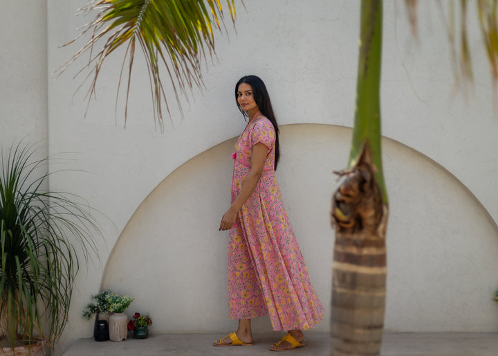 Riti Panelled Maxi Dress in Jaipur Pink and Yellow - Dilli Grey