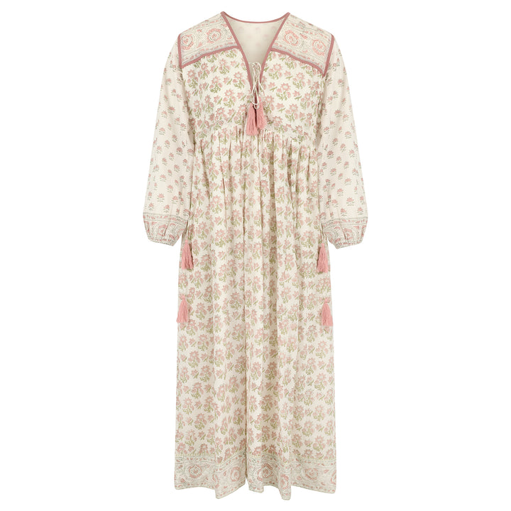 PRE-ORDER: Fifi Boho Midaxi Dress In White & Dusty Pink