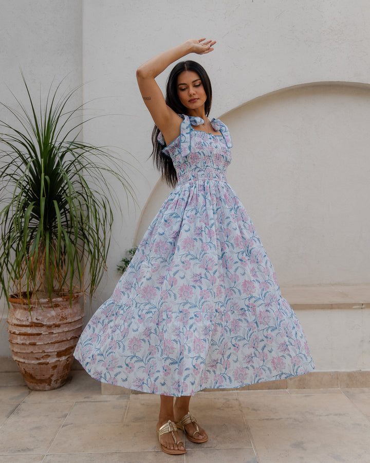 Yasmin Smocked Sundress in dusty blue and pink - Dilli Grey