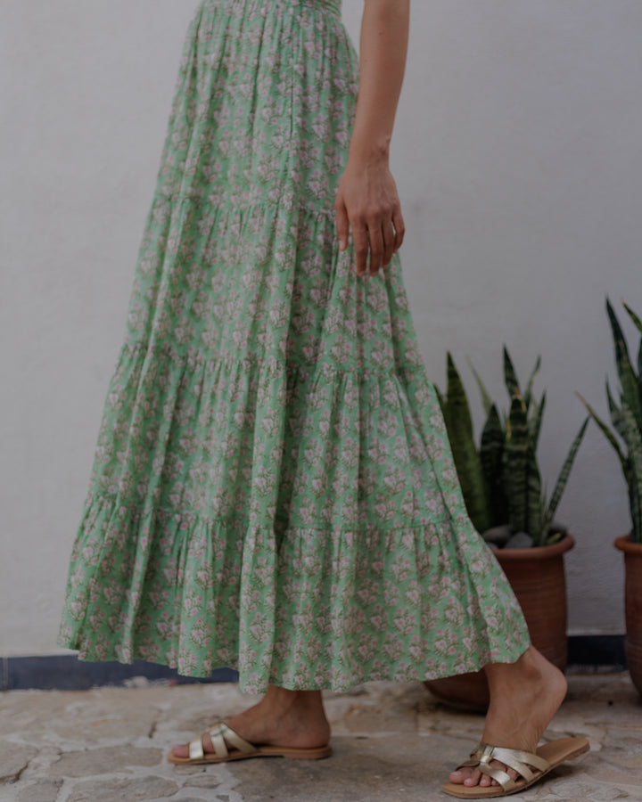 Tara Smocked Dress in sage green and pink - Dilli Grey