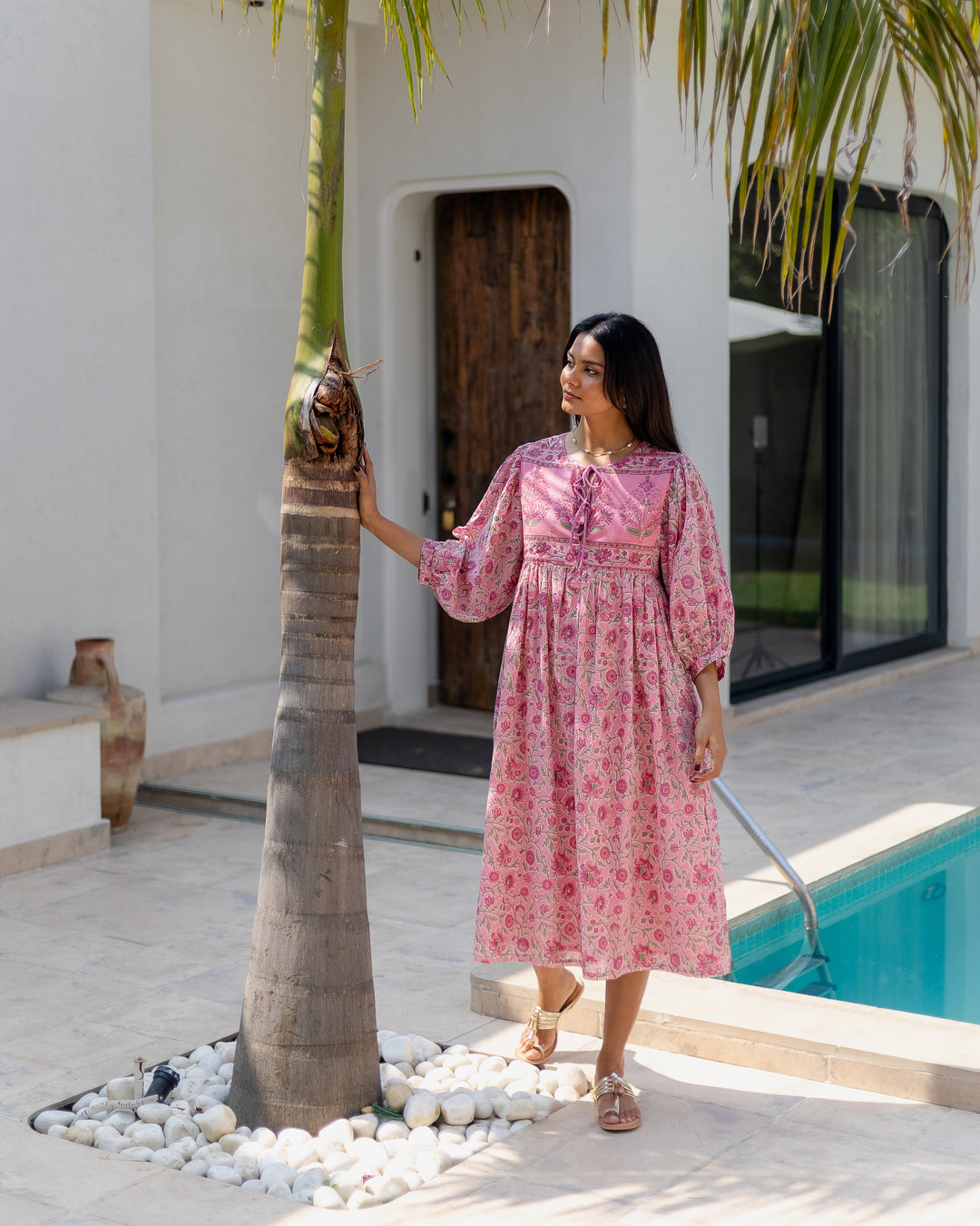 Farah Midi Dress in Jaipur Pink and Sage - Dilli Grey