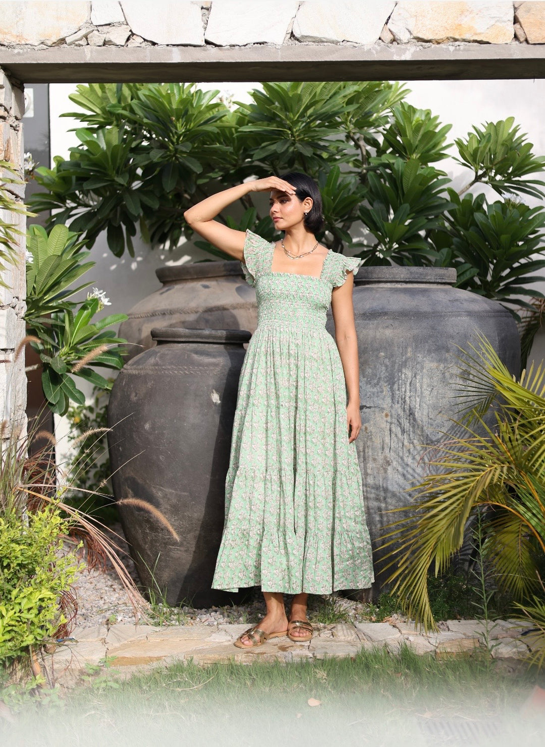 Tara Smocked Dress in sage green and pink - Dilli Grey