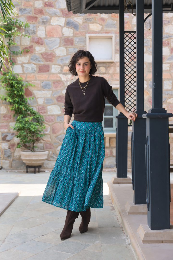 Dakota Hand-Block Printed Skirt in Teal - delivery beg Nov