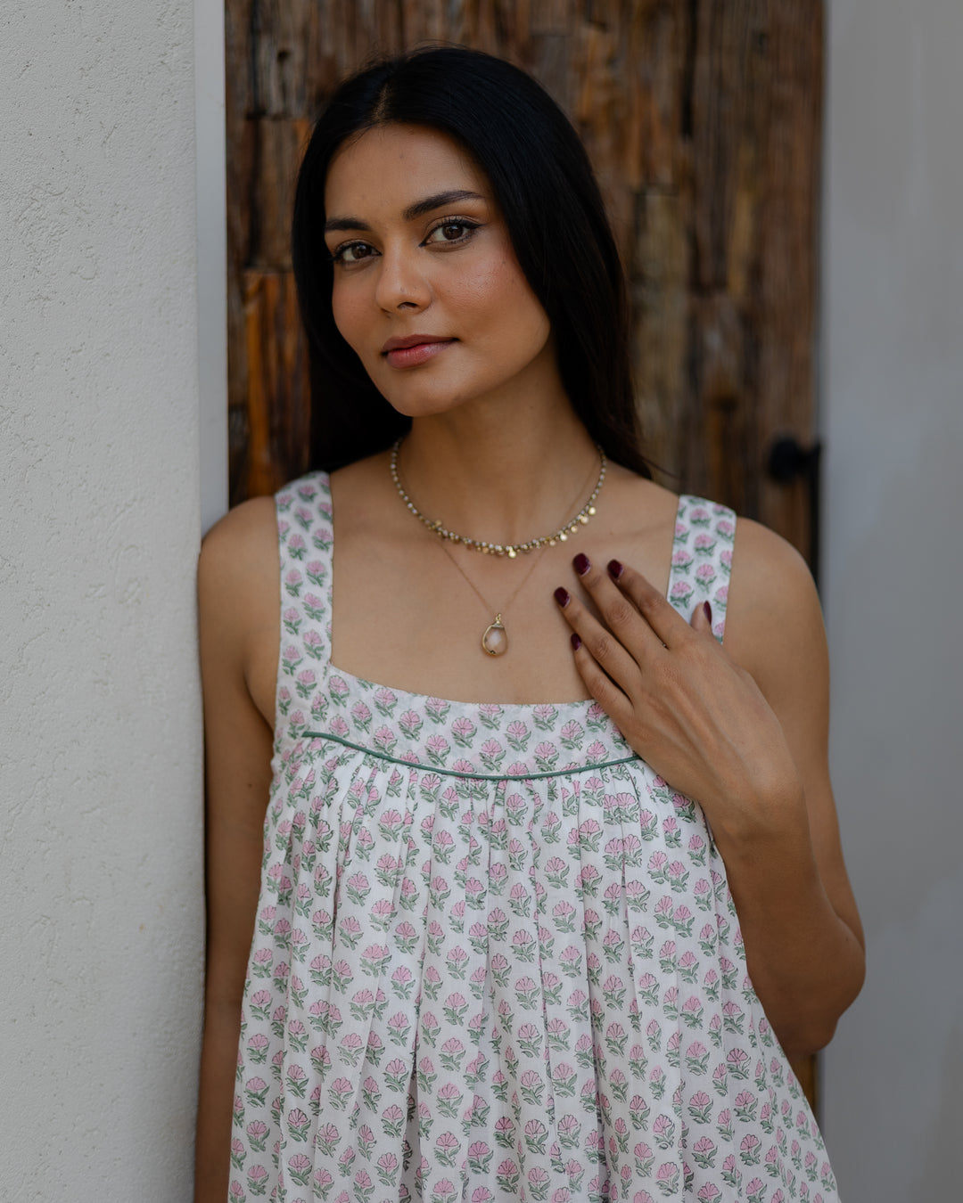 Kaya Maxi Sundress in White & Sage - Dilli Grey