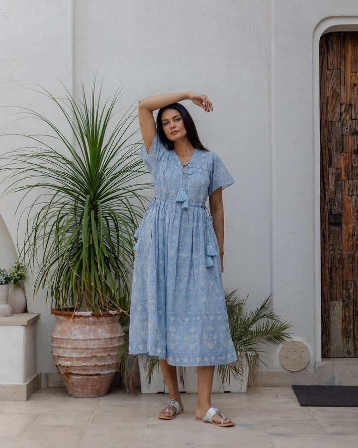 Fifi Flutter Sleeve Midi Dress in Dusty Blue - Dilli Grey