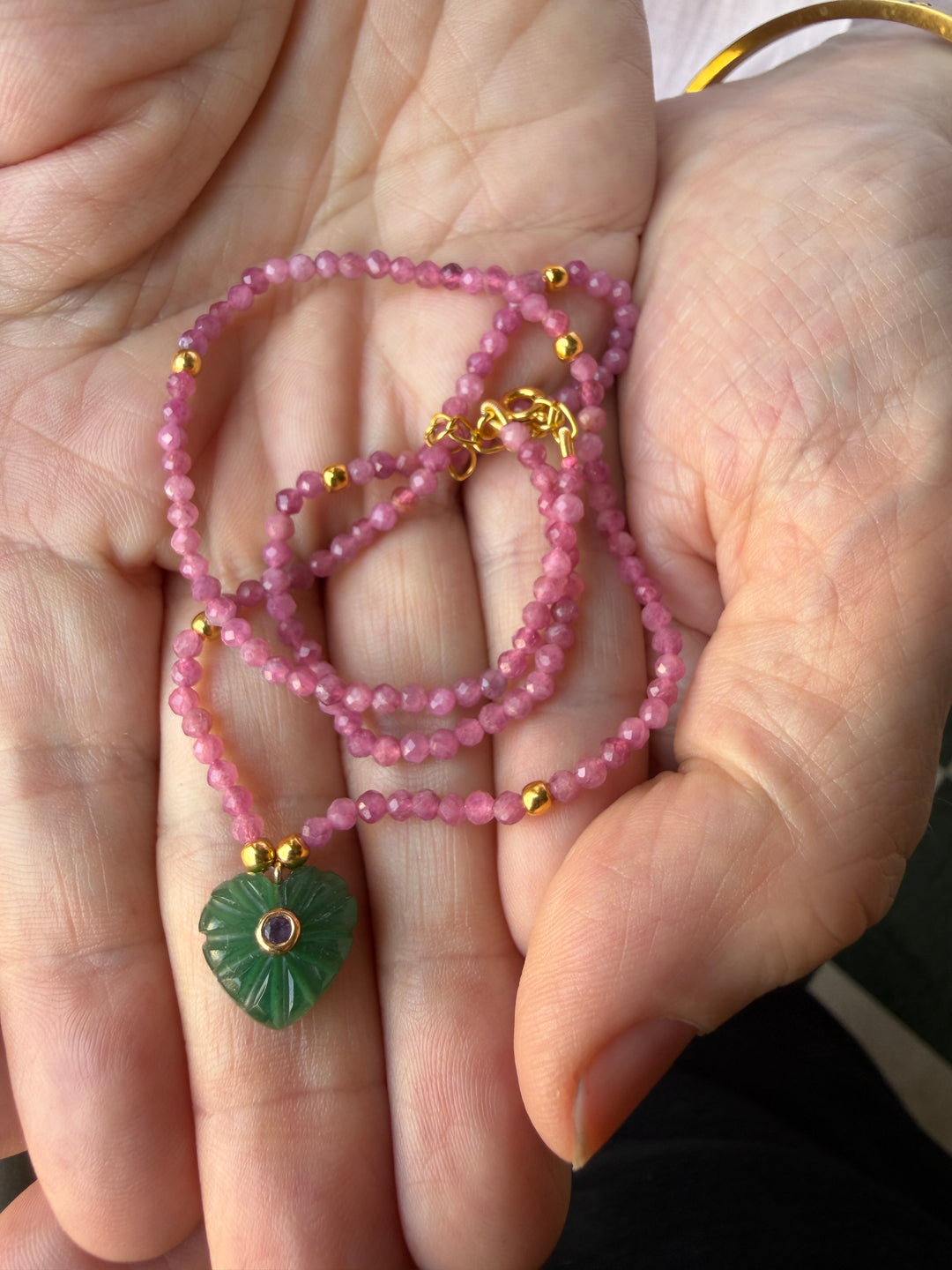 Jaipur Carved Heart Necklace in Aventurine & Pink Tourmaline  - SHIPS 9TH SEPTEMBER