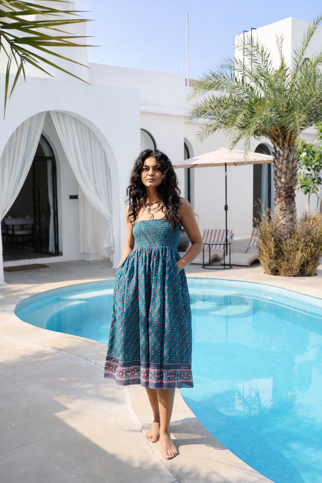 Kaya Smocked Waistband Skirt in Teal and Magenta - Dilli Grey