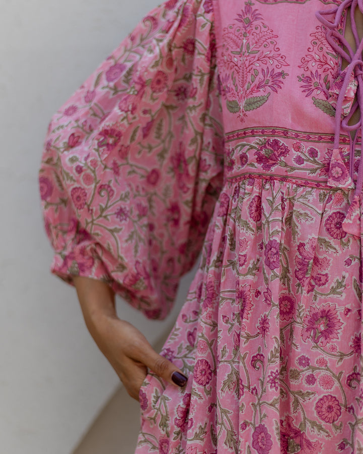 Farah Midi Dress in Jaipur Pink and Sage - Dilli Grey
