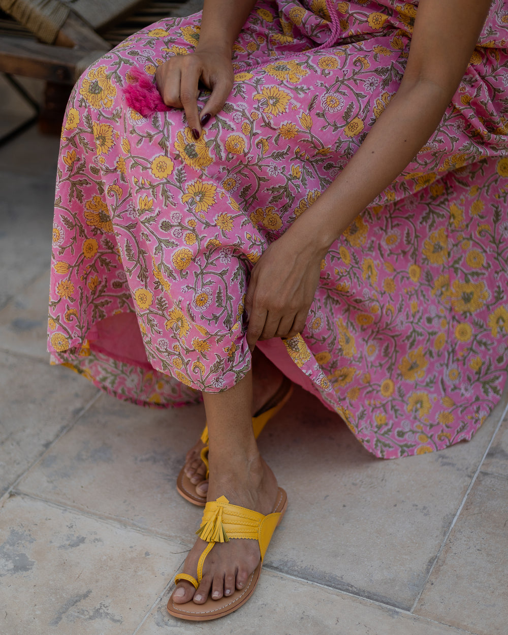 Kohlapuri hand made sandals in saffron yellow - Dilli Grey